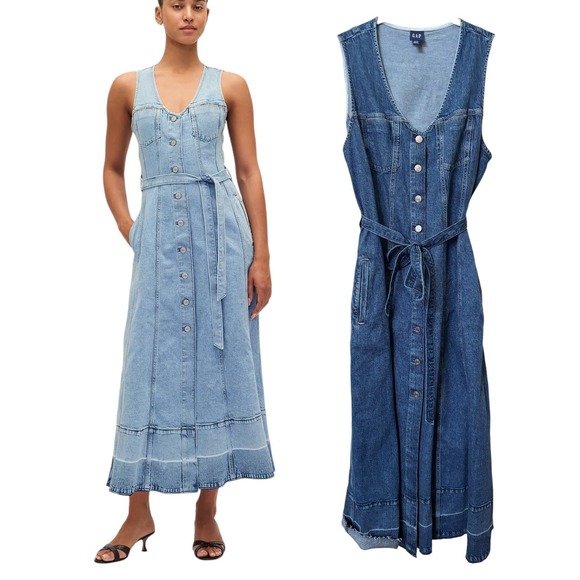 GAP Dresses & Skirts - Gap Denim Tie Belt Button Front Maxi Dress Womens XL Dark Wash V-neck Denim